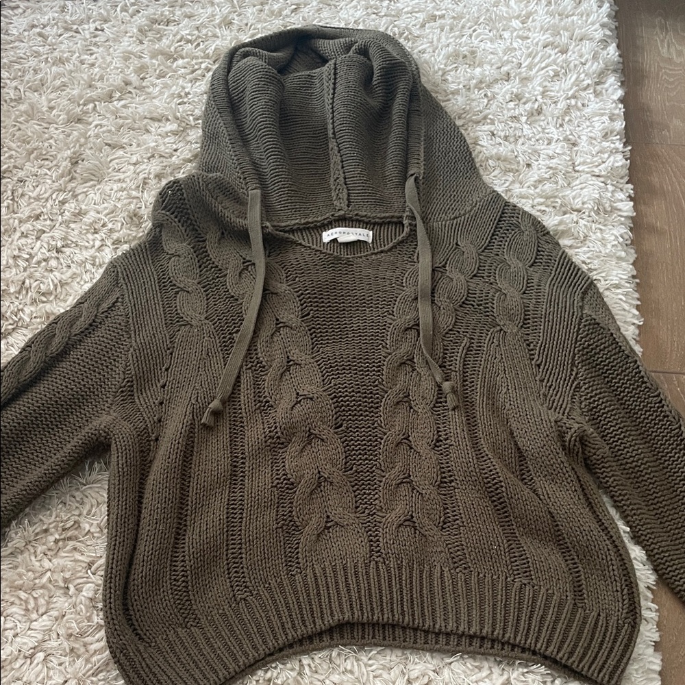 Aeropostale Olive Cable Knit Hooded Sweater